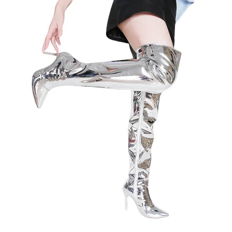 Bottes Hautes Sexy Argentées Effet Miroir - deslyshopping