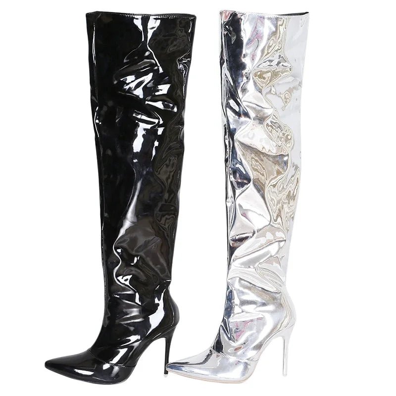 Bottes Hautes Sexy Argentées Effet Miroir - deslyshopping