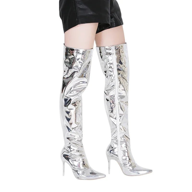 Bottes Hautes Sexy Argentées Effet Miroir - deslyshopping