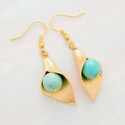 Boucles d'oreilles en or et amazonite à fleurs - deslyshopping