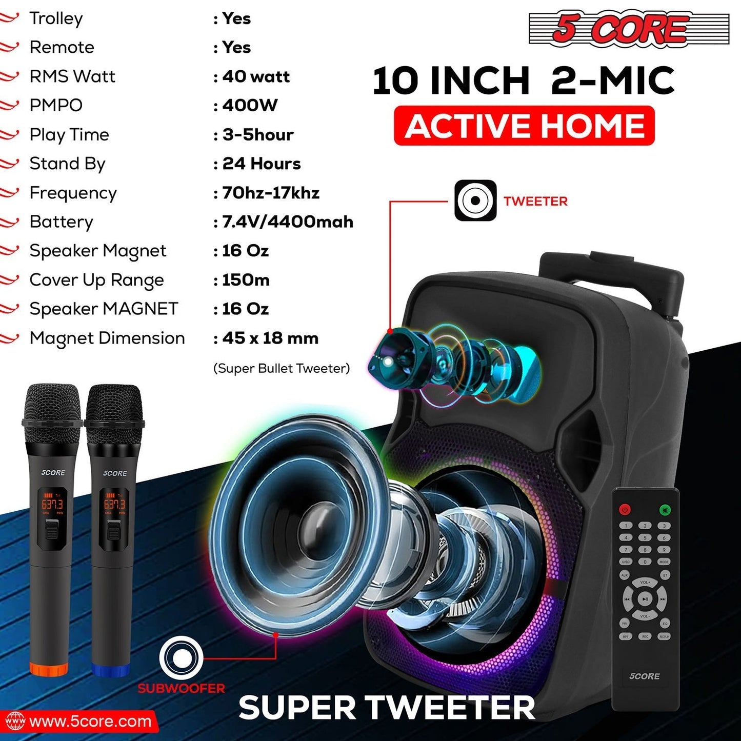 đ¶ Enceinte Portable Bluetooth PA 5Core 10 Pouces - deslyshopping