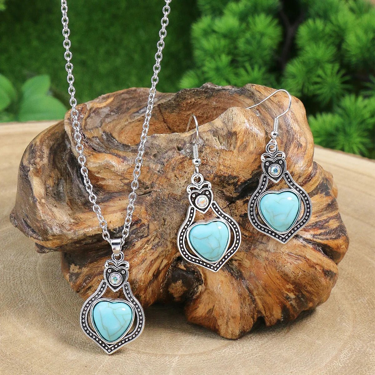 Ethnic Turquoise Necklace & Earrings Set Silver - deslyshopping