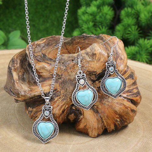 Ethnic Turquoise Necklace & Earrings Set Silver - deslyshopping
