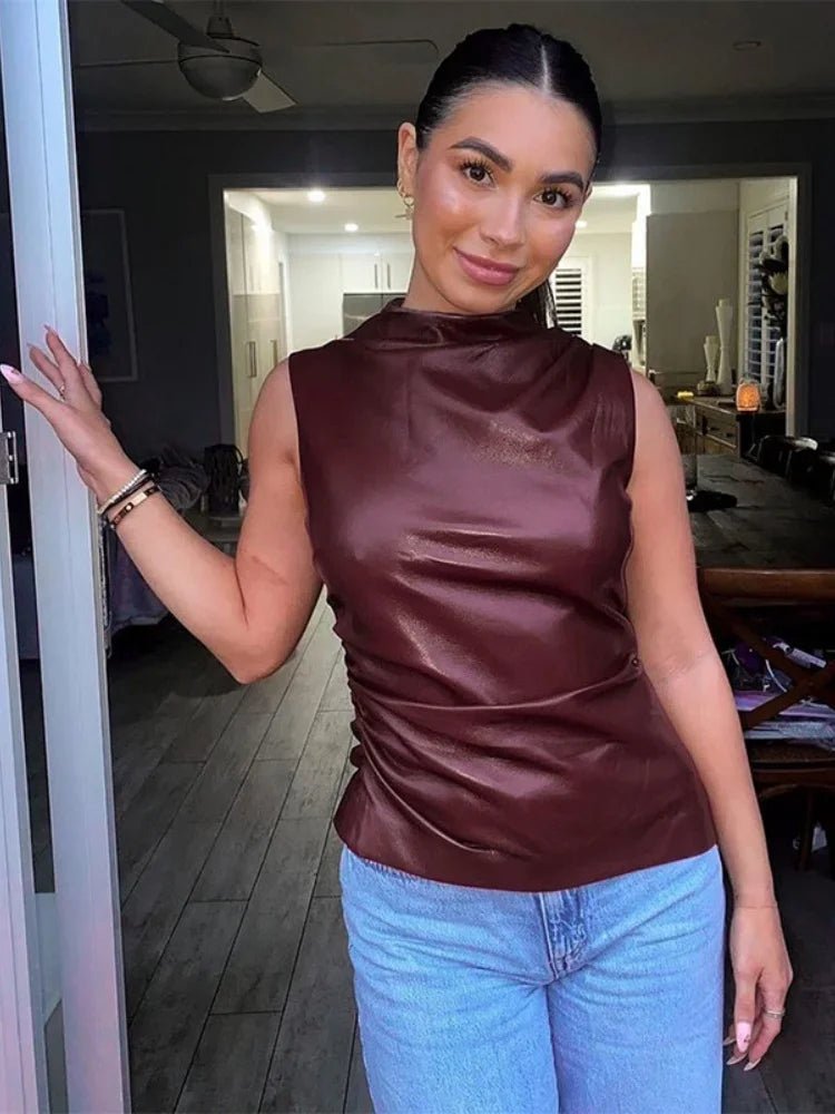 Haut en Cuir Uni Y2K Slim - deslyshopping