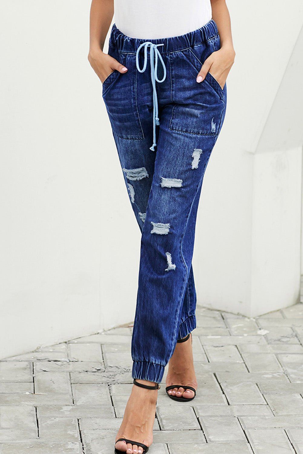 Jeans Bleu Vieilli, Poches & Cordon de Serrage 🔥👖 - deslyshopping