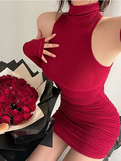 Mini - Robe Plissée Sans Manches à Col Haut - deslyshopping
