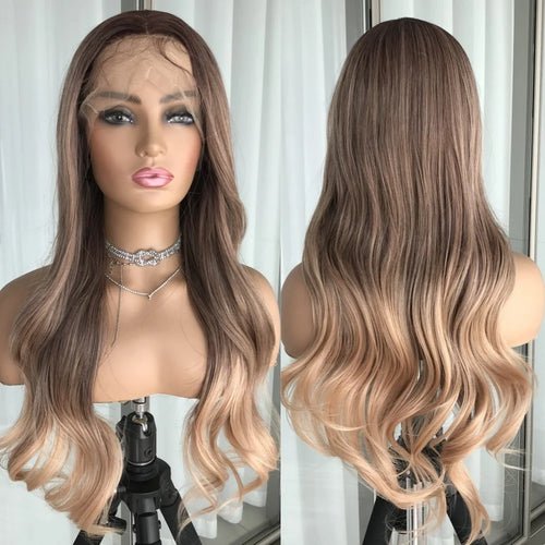 Perruque Lace Front Body Wave Synthétique – Blond Cendré avec Mèches - deslyshopping