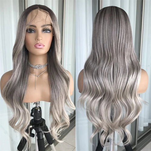 Perruque Lace Front Body Wave Synthétique – Blond Cendré avec Mèches - deslyshopping