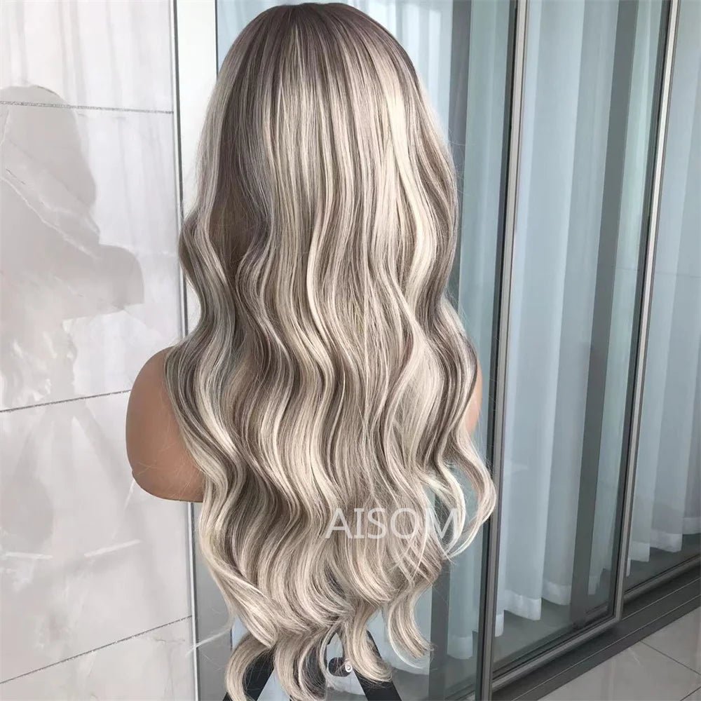 Perruque Lace Front Body Wave Synthétique – Blond Cendré avec Mèches - deslyshopping