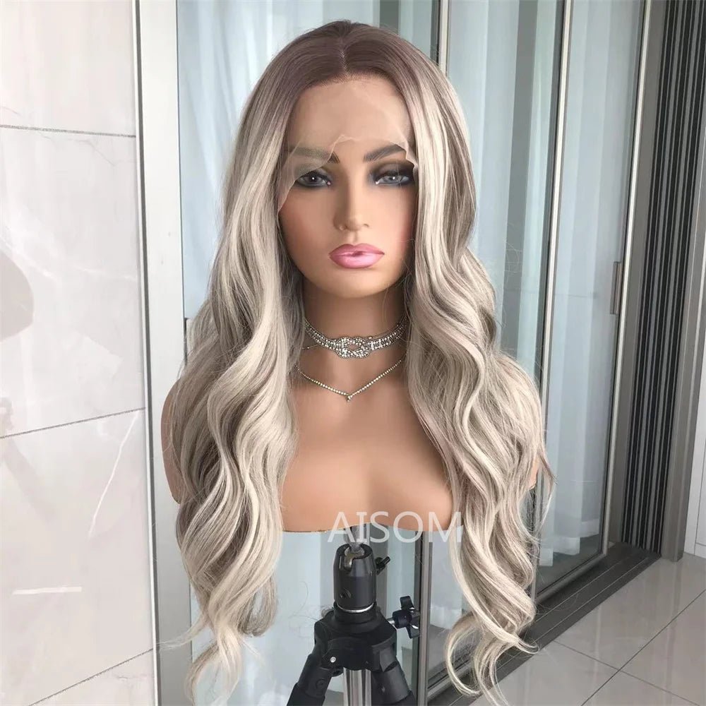 Perruque Lace Front Body Wave Synthétique – Blond Cendré avec Mèches - deslyshopping