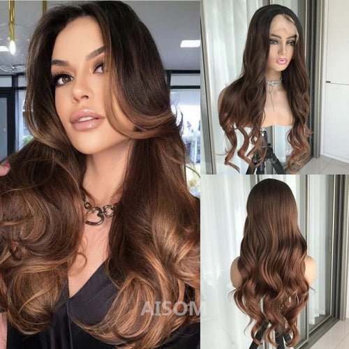 Perruque Lace Front Body Wave Synthétique – Blond Cendré avec Mèches - deslyshopping