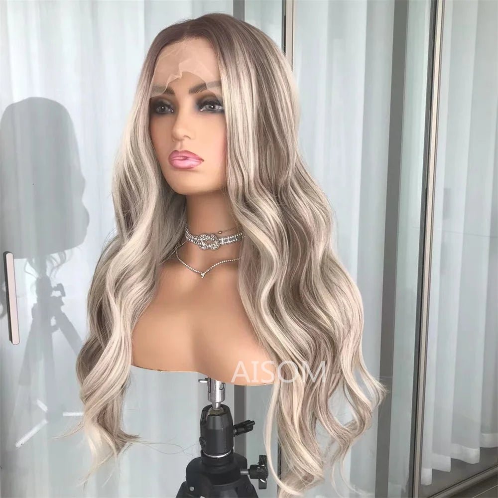 Perruque Lace Front Body Wave Synthétique – Blond Cendré avec Mèches - deslyshopping