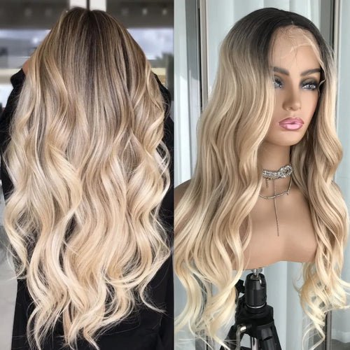 Perruque Lace Front Body Wave Synthétique – Blond Cendré avec Mèches - deslyshopping