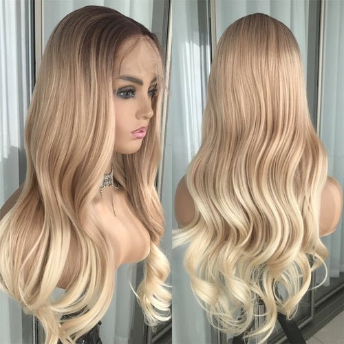 Perruque Lace Front Body Wave Synthétique – Blond Cendré avec Mèches - deslyshopping