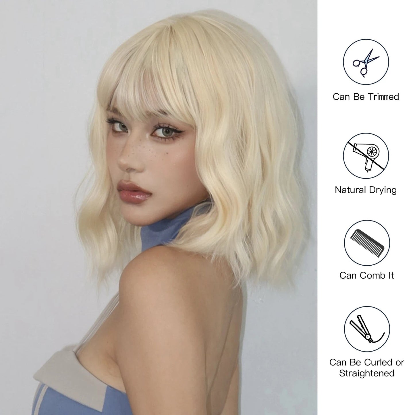 Perruque Synthétique Blonde Courte Bouclée avec Frange - deslyshopping