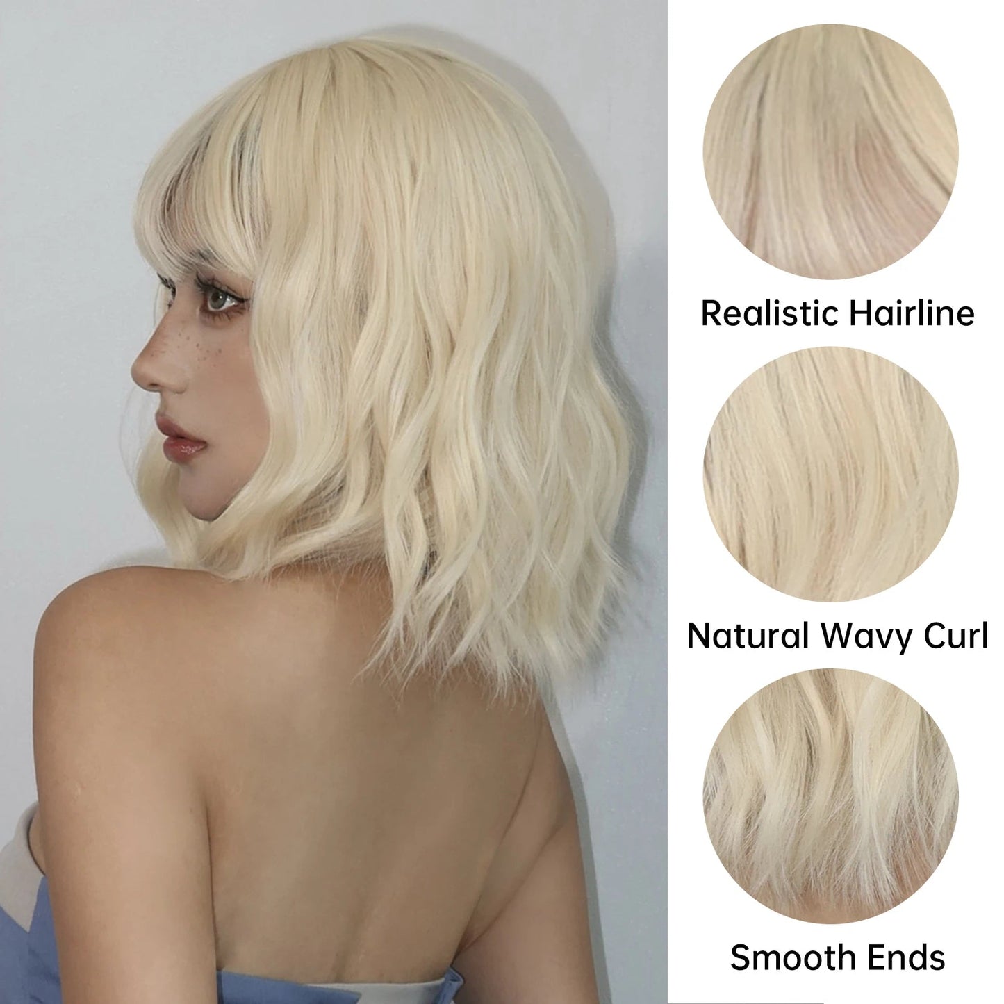 Perruque Synthétique Blonde Courte Bouclée avec Frange - deslyshopping