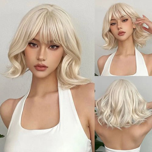 Perruque Synthétique Blonde Courte Bouclée avec Frange - deslyshopping