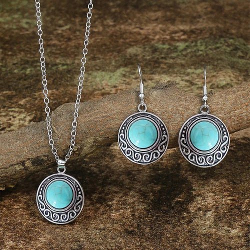 Retro Antique Turquoise Pendant Necklace & Earrings Set - deslyshopping