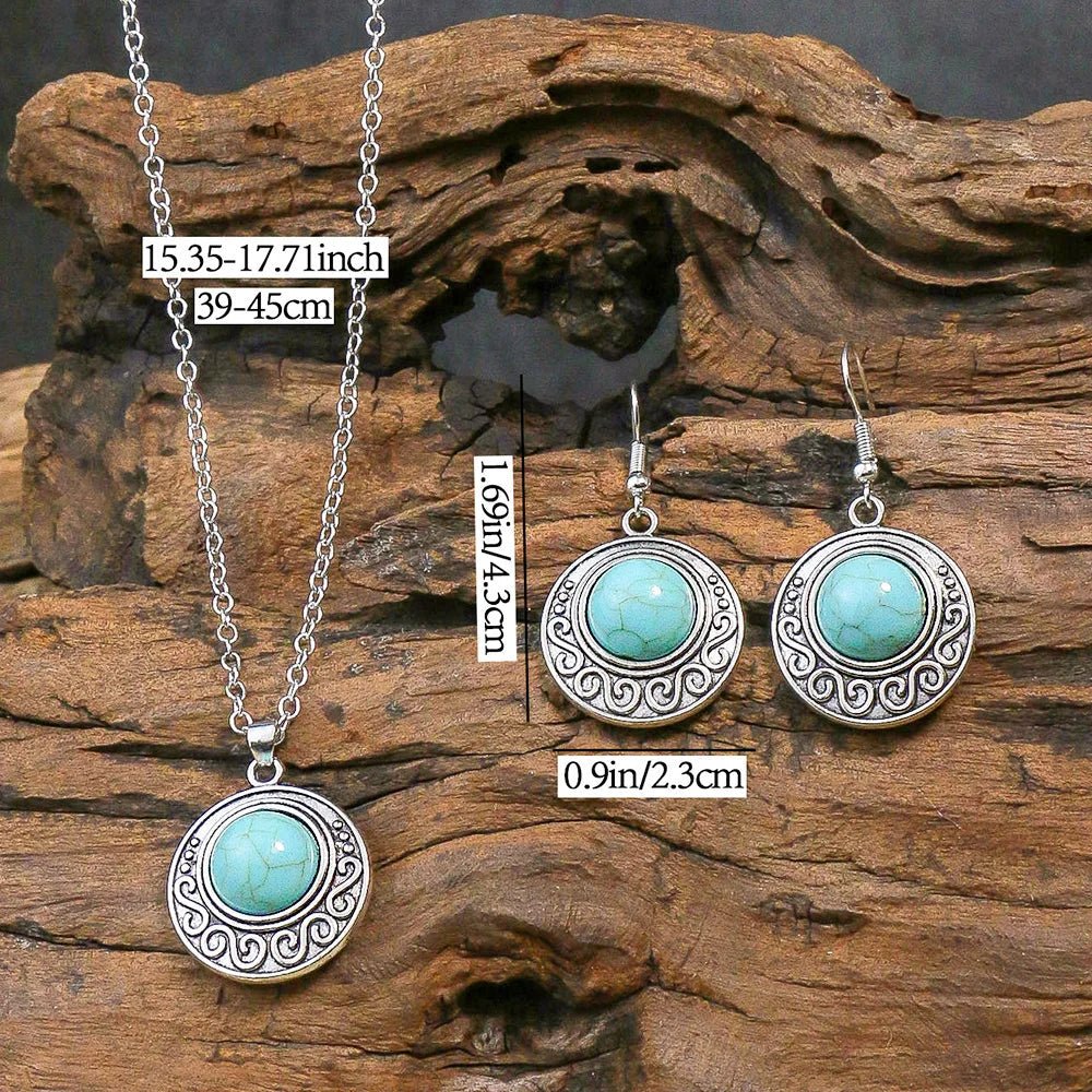 Retro Antique Turquoise Pendant Necklace & Earrings Set - deslyshopping