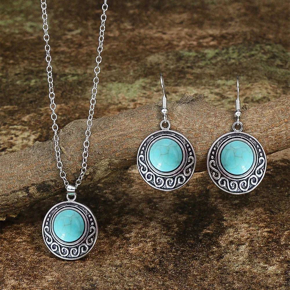 Retro Antique Turquoise Pendant Necklace & Earrings Set - deslyshopping