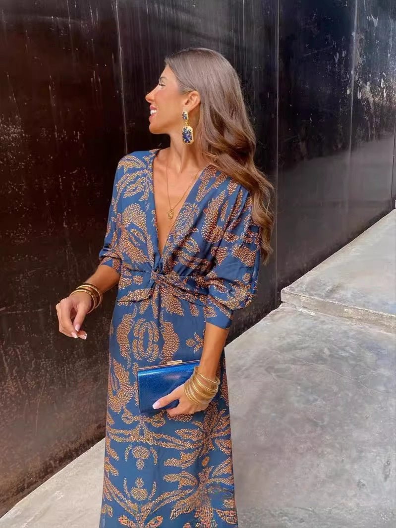 Robe d'été à col en V à manches neuf - quarts - deslyshopping