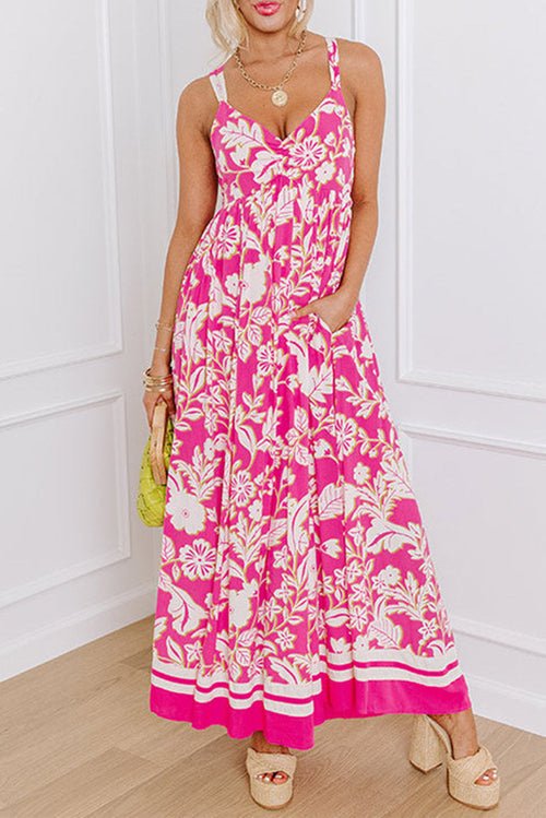 Robe Longue Dos Nu à Col en V et Motif Floral Rose - deslyshopping