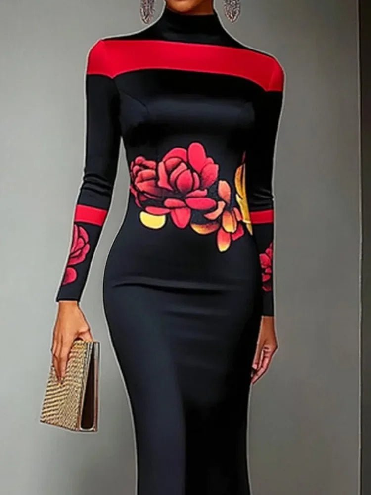Robe Longue Élégante à Imprimé Floral Rouge - deslyshopping
