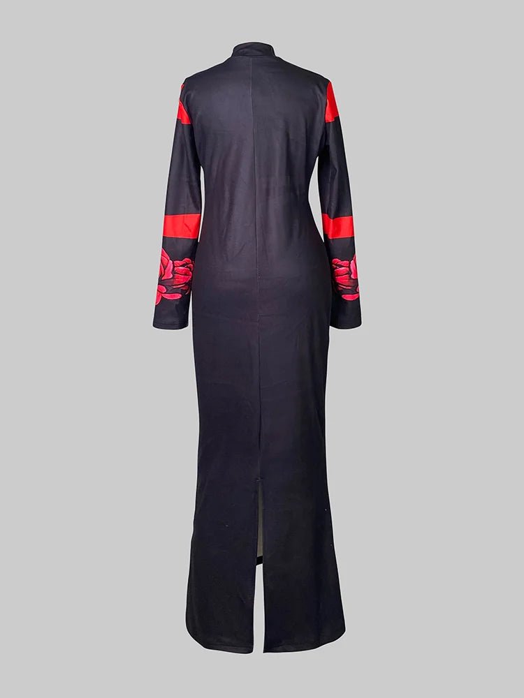 Robe Longue Élégante à Imprimé Floral Rouge - deslyshopping