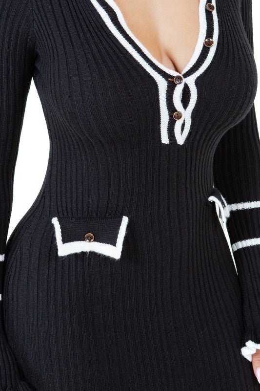 Robe Pull Longue Moulante Femme – Col V Boutonnée - deslyshopping