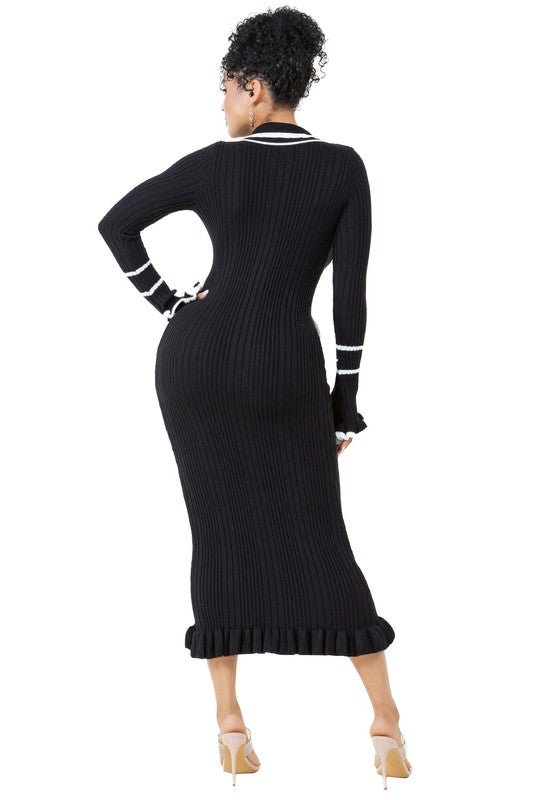 Robe Pull Longue Moulante Femme – Col V Boutonnée - deslyshopping