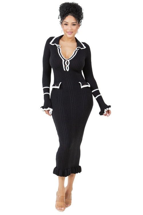 Robe Pull Longue Moulante Femme – Col V Boutonnée - deslyshopping
