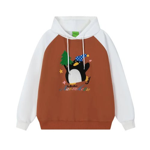 Sweat à capuche rétro à broderie pingouin - deslyshopping