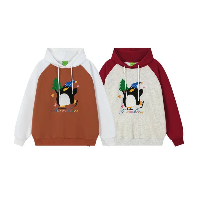 Sweat à capuche rétro à broderie pingouin - deslyshopping