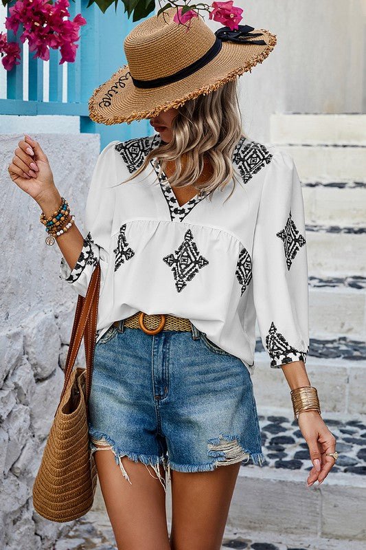 T-shirt imprimé col V manches bouffantes amples - deslyshopping