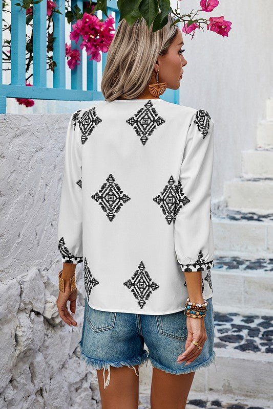 T-shirt imprimé col V manches bouffantes amples - deslyshopping