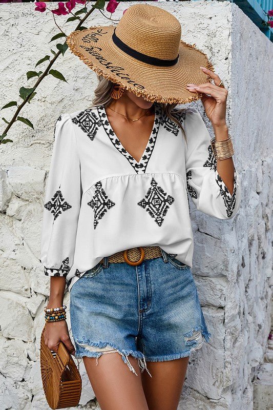 T-shirt imprimé col V manches bouffantes amples - deslyshopping