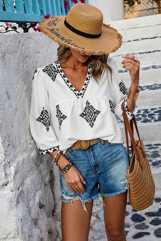 T-shirt imprimé col V manches bouffantes amples - deslyshopping