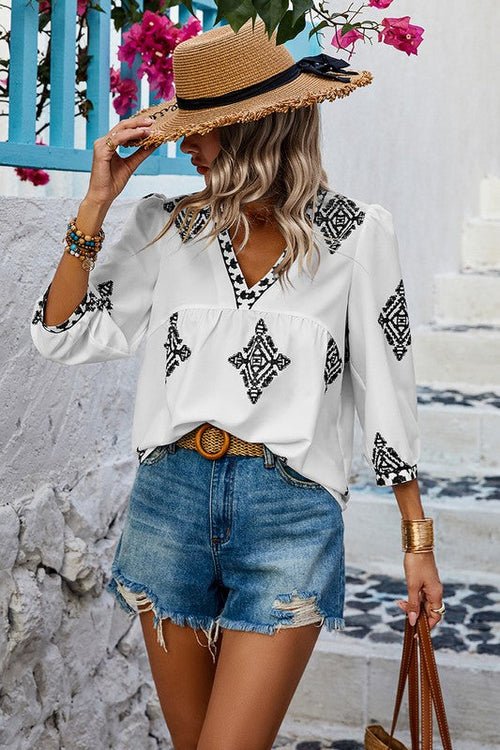 T-shirt imprimé col V manches bouffantes amples - deslyshopping