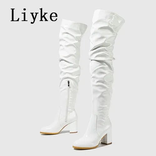 Bottes Hautes en Cuir Verni Blanc - deslyshopping