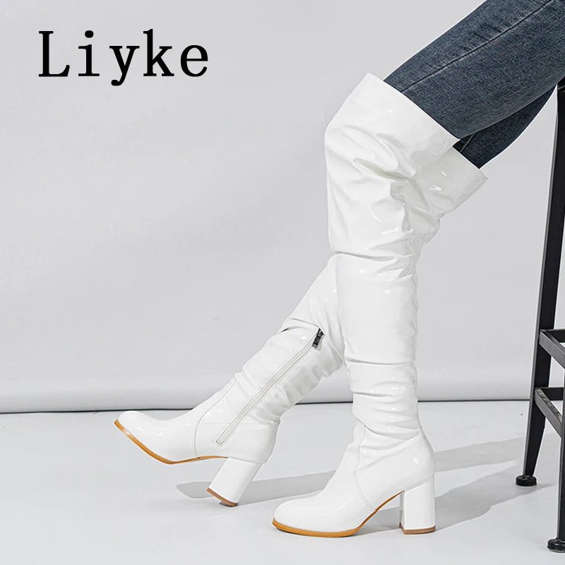 Bottes Hautes en Cuir Verni Blanc - deslyshopping