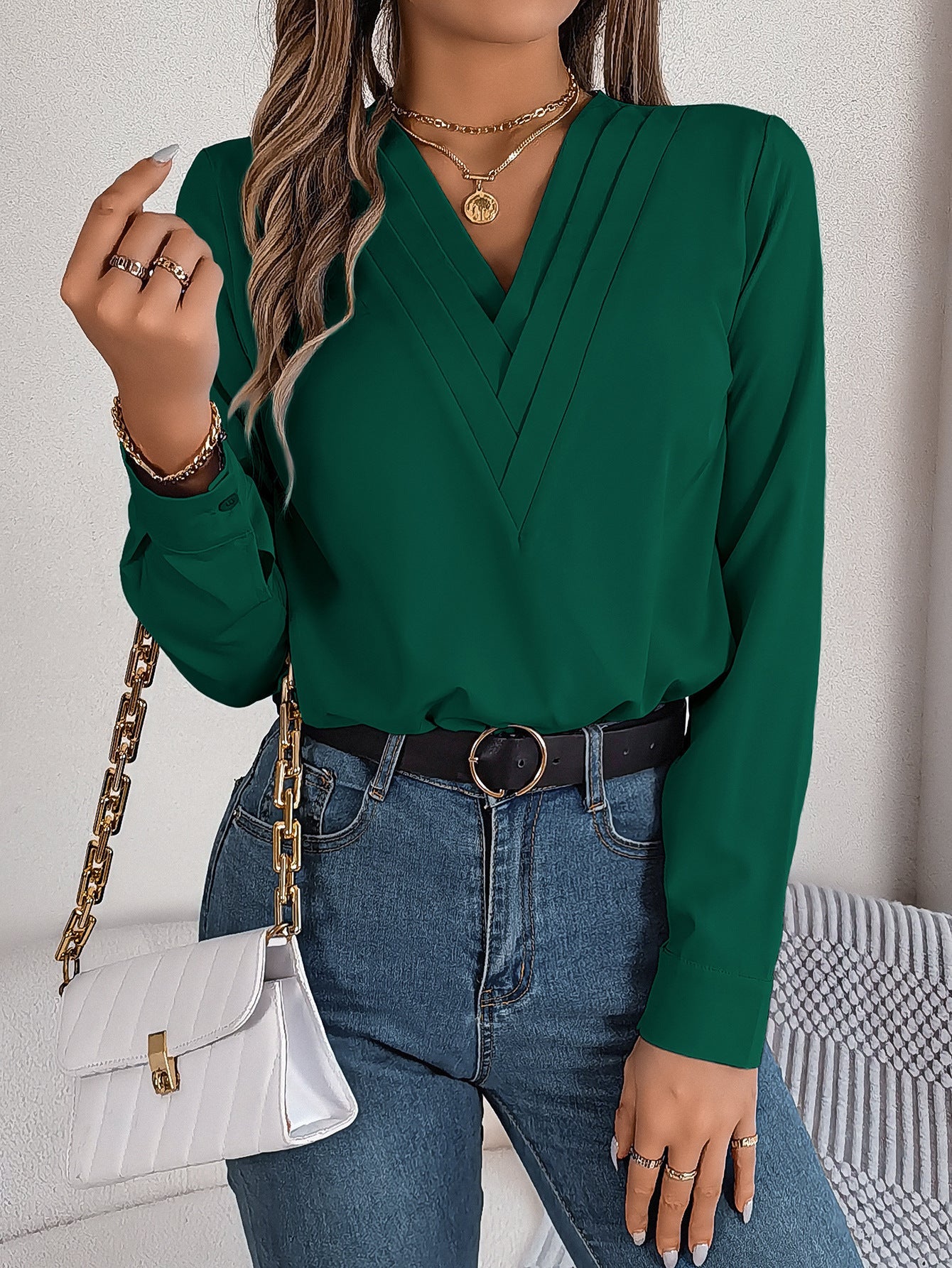 chemisier femme col en V uni - deslyshopping