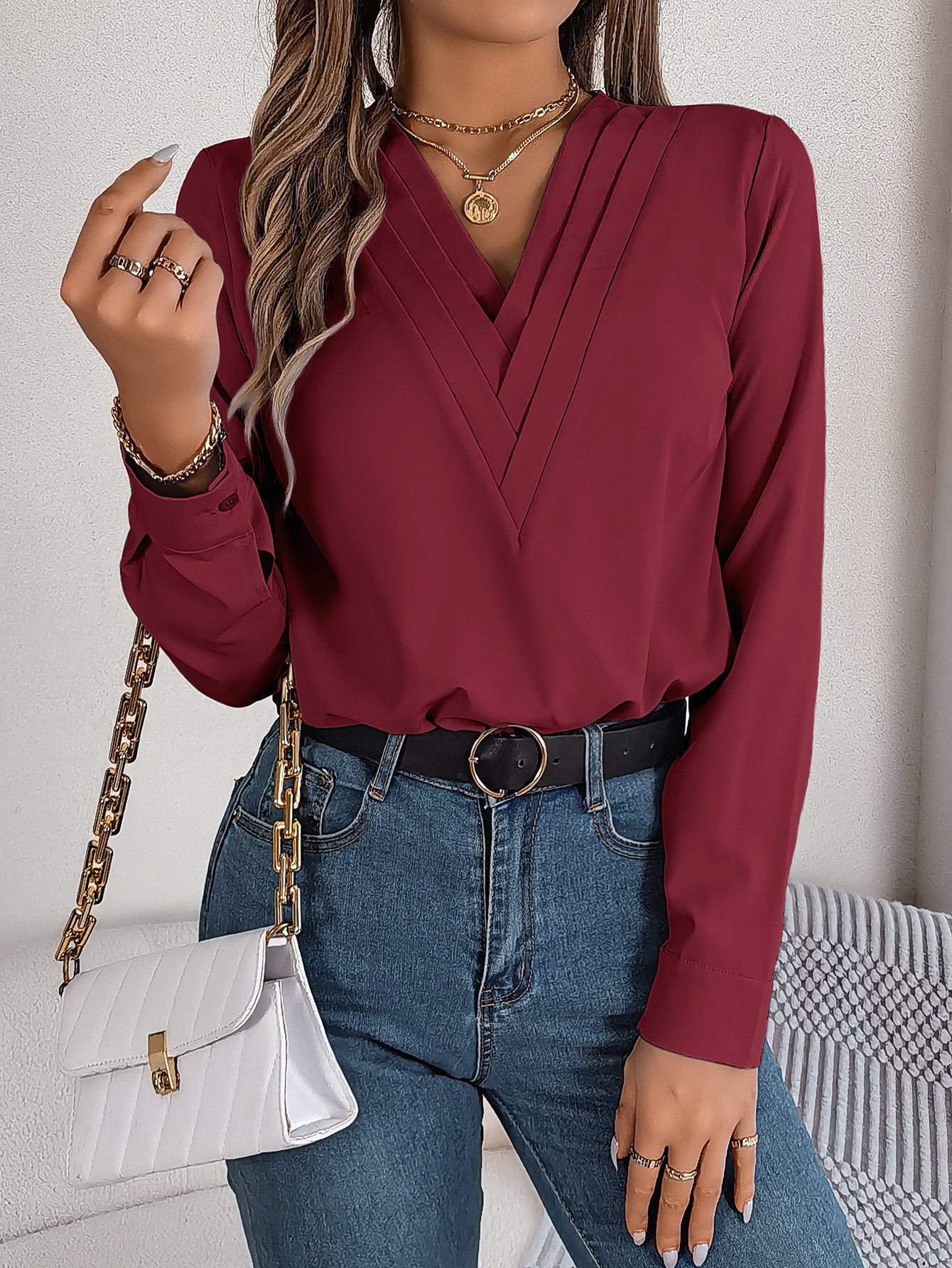 chemisier femme col en V uni - deslyshopping