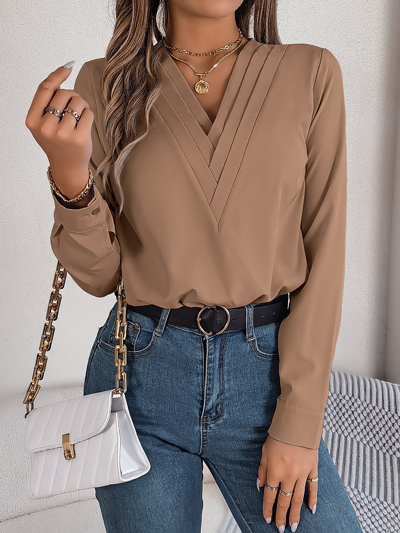 chemisier femme col en V uni - deslyshopping