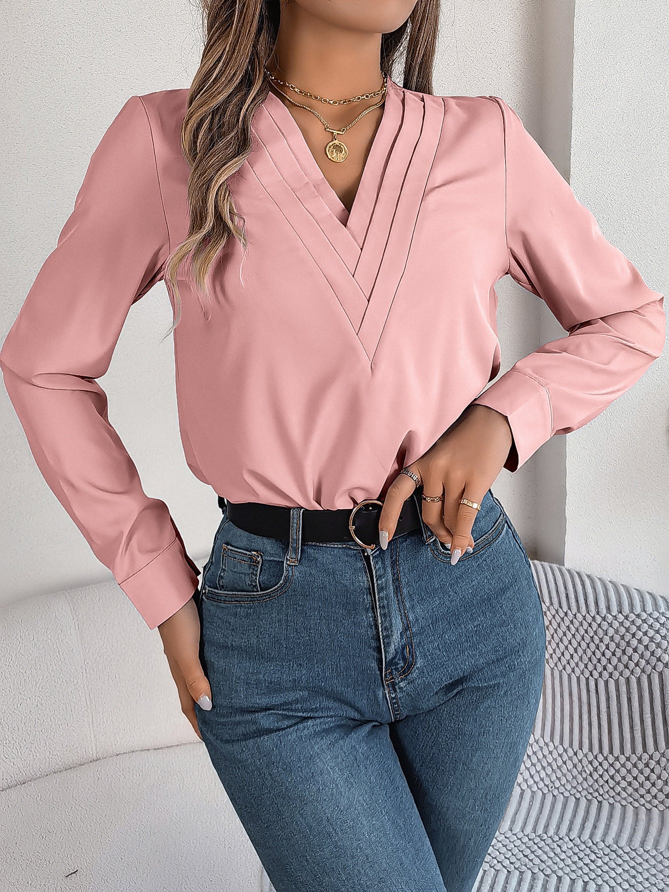 chemisier femme col en V uni - deslyshopping
