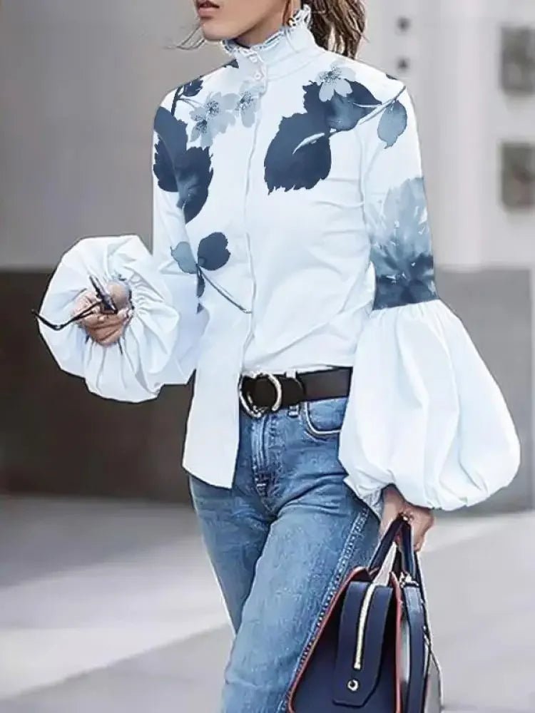 Chemisier Femme Col Montant à Manches Bouffantes - deslyshopping