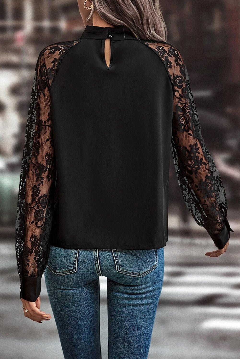 Chemisier Noir à Manches Raglan et en Dentelle Florale - deslyshopping