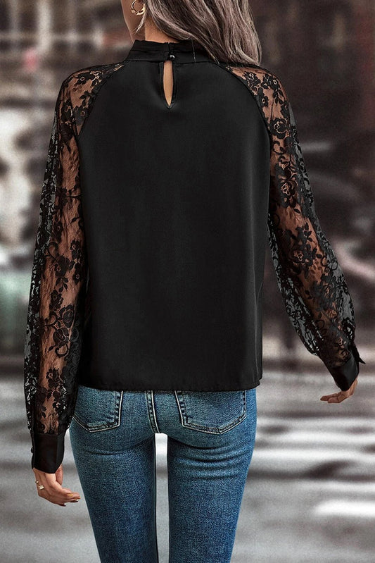 Chemisier Noir à Manches Raglan et en Dentelle Florale - deslyshopping