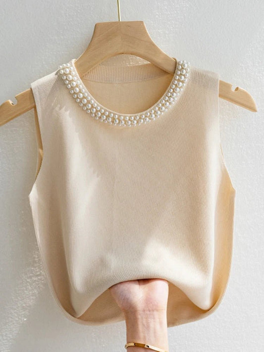 Débardeur Uni Sans Manches Et Perles - deslyshopping