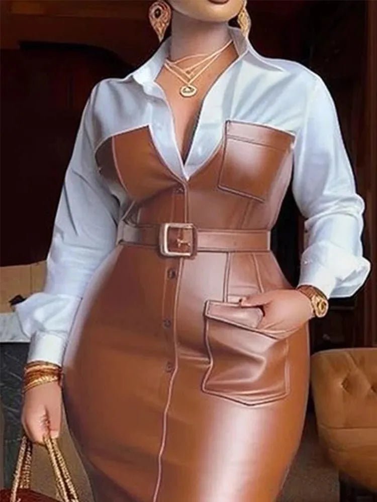 Effet Cuir PU, Ceinturée, Manches Longues - deslyshopping