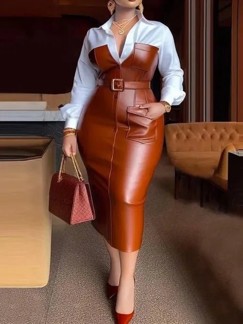 Effet Cuir PU, Ceinturée, Manches Longues - deslyshopping